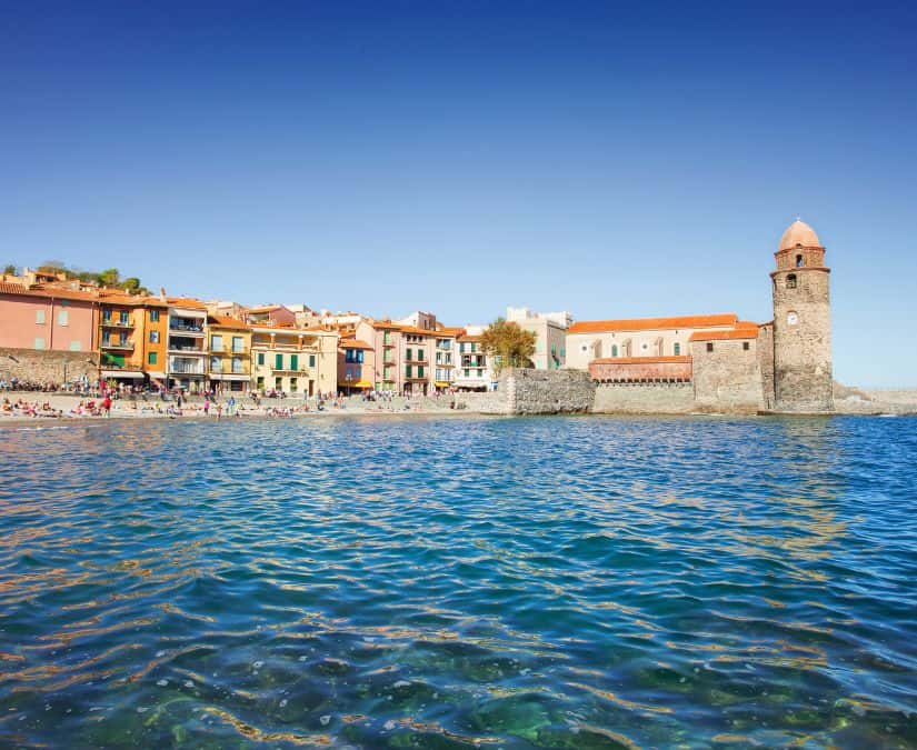 Collioure, France shoreline  with old stone buidlings