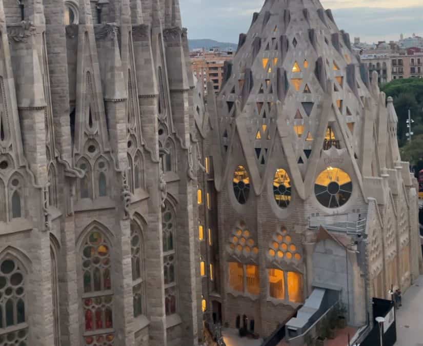 close view of sagrada familia from a rooftop terrace