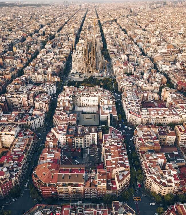 grid of Barcelona buildings and streets aerial view 